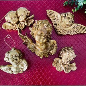 Vintage Gold Resin and Porcelain Cherub Ornaments Lot of 5